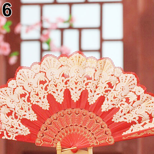 Ethnic Style Dance Party Wedding Golden Tone Hand Held Flower Folding Fan