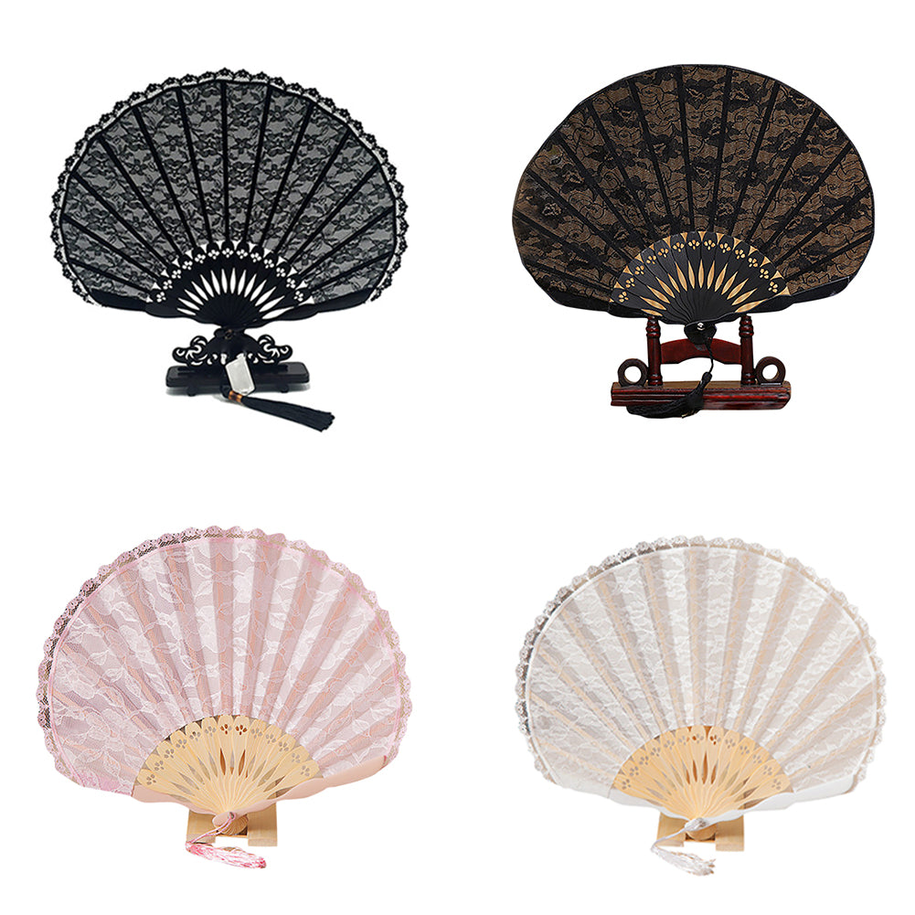 Women Dance Wedding Party Floral Lace Folding Handheld Fan with Tassel Decor
