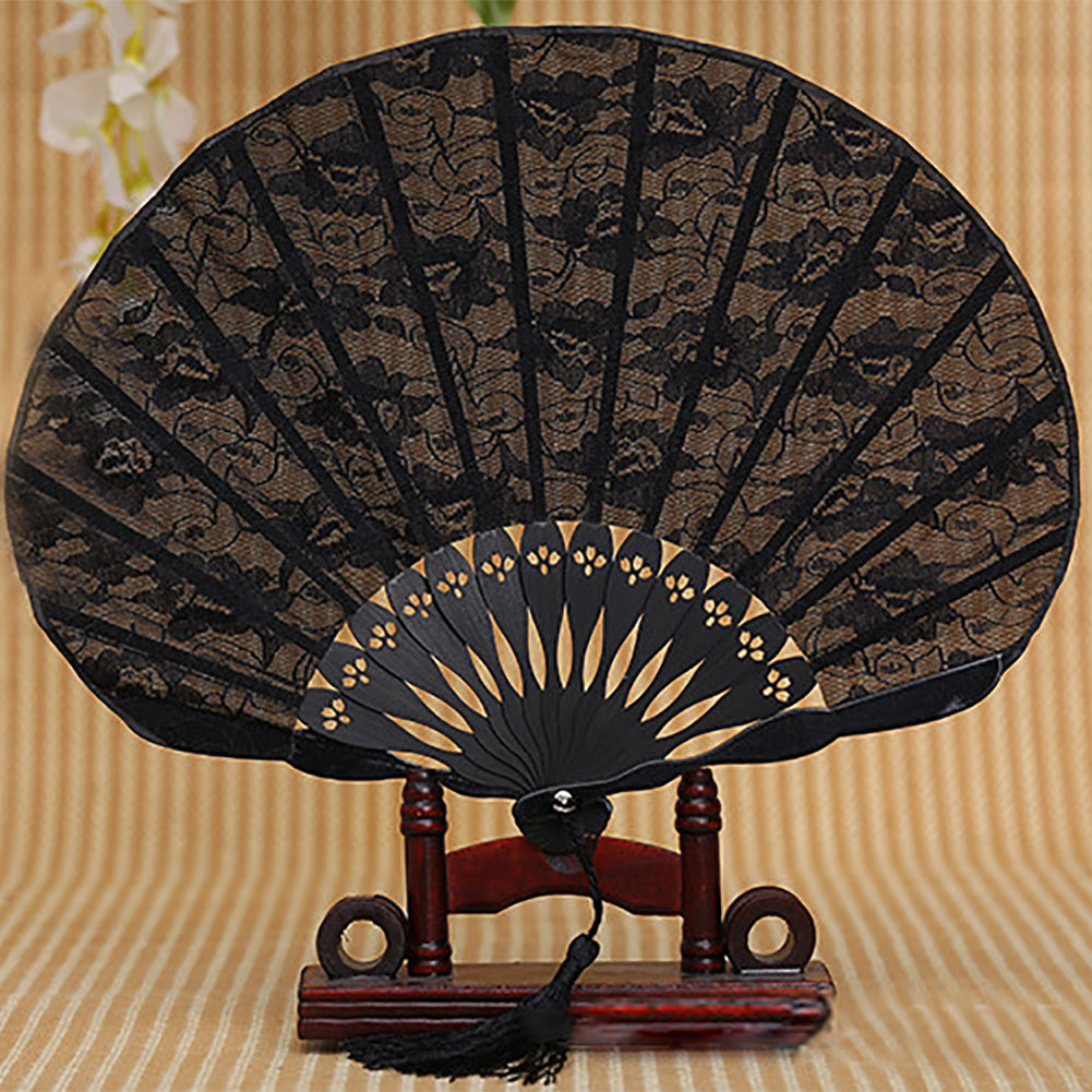 Women Dance Wedding Party Floral Lace Folding Handheld Fan with Tassel Decor