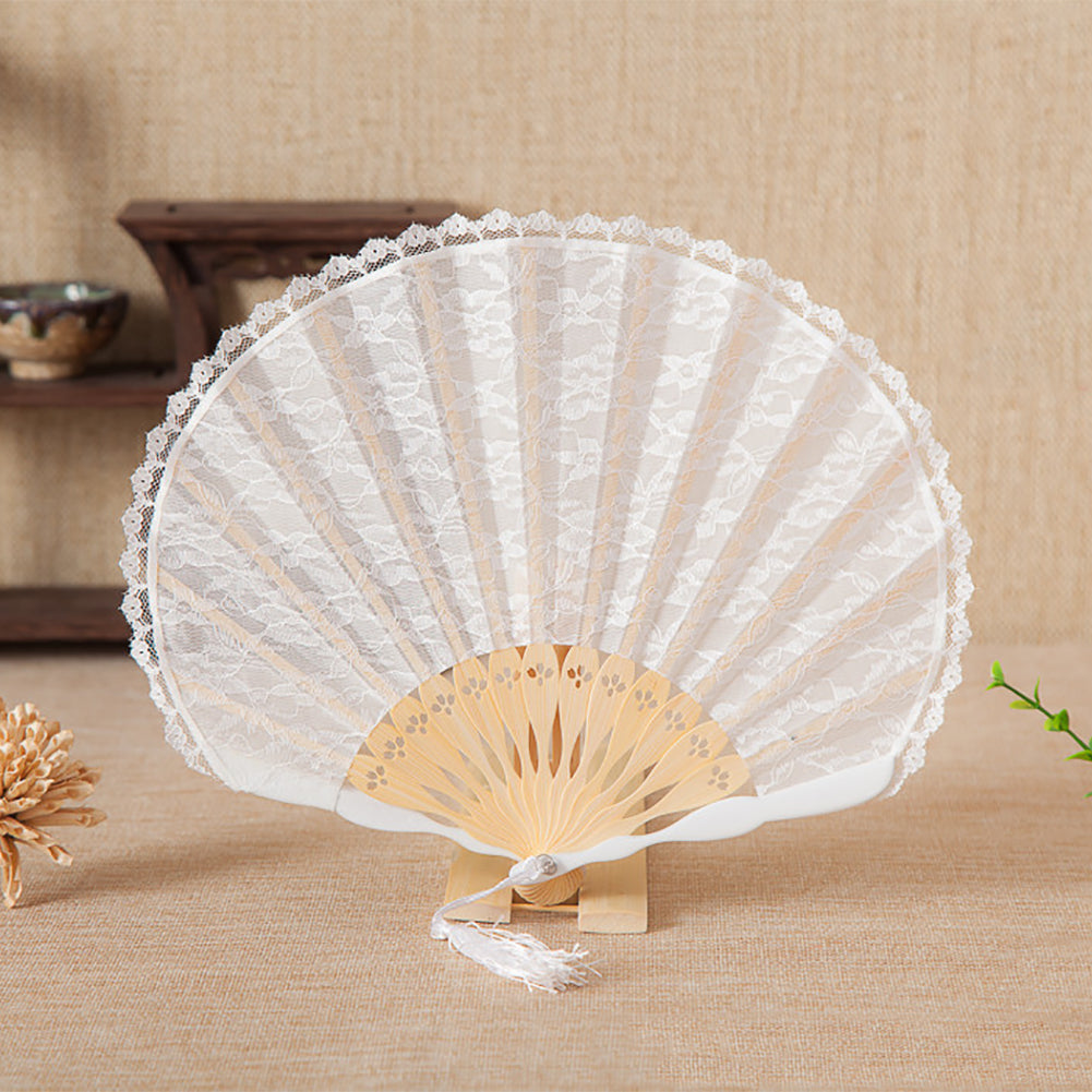 Women Dance Wedding Party Floral Lace Folding Handheld Fan with Tassel Decor