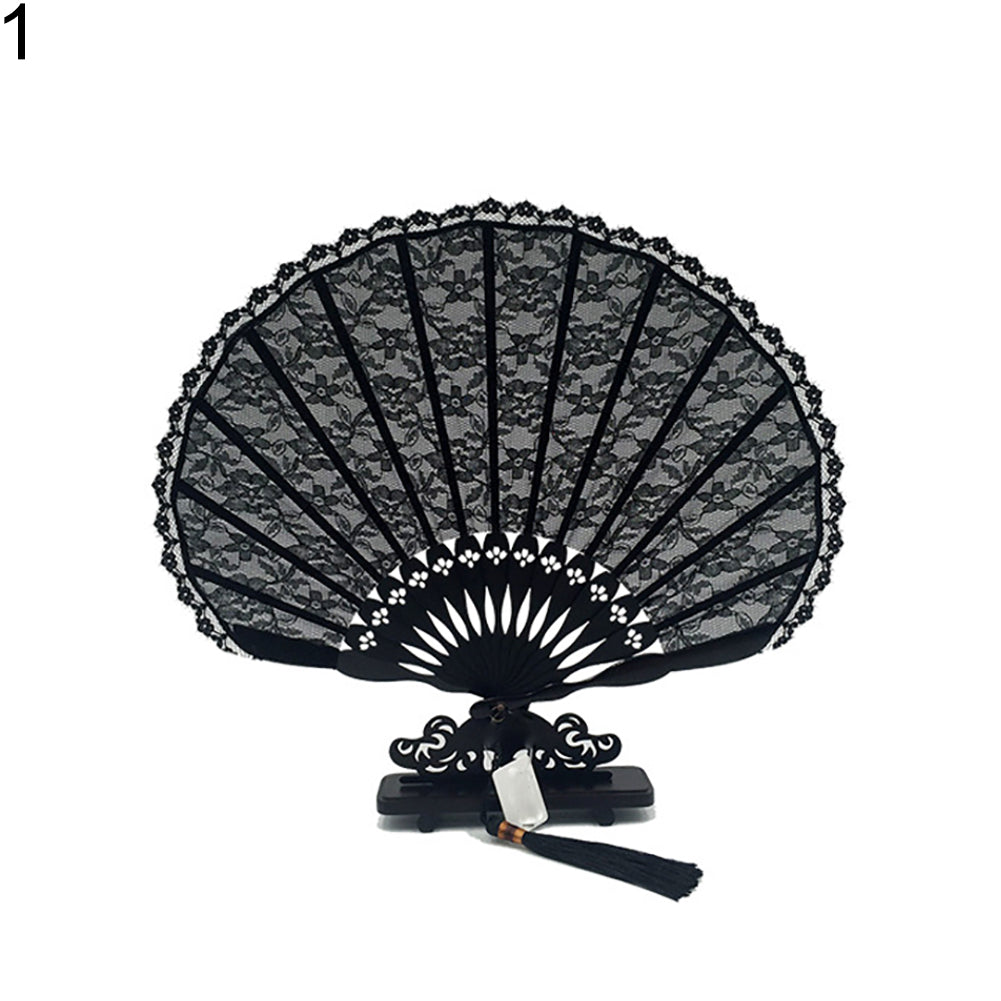 Women Dance Wedding Party Floral Lace Folding Handheld Fan with Tassel Decor