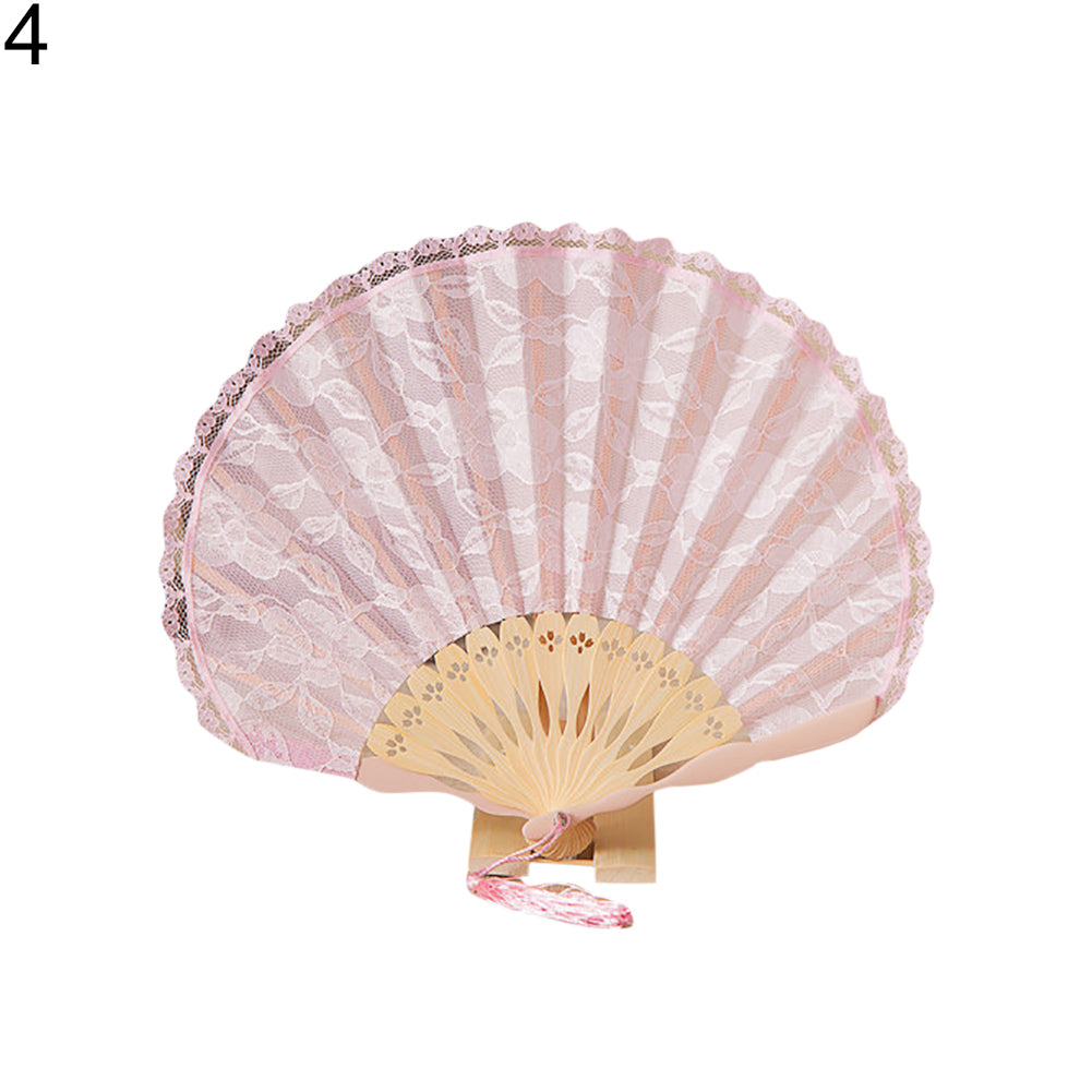 Women Dance Wedding Party Floral Lace Folding Handheld Fan with Tassel Decor