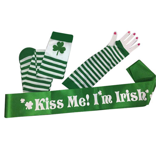 3Pcs ST Patrick Day Clover Stockings Sleevelets Letter Print Sash Accessories