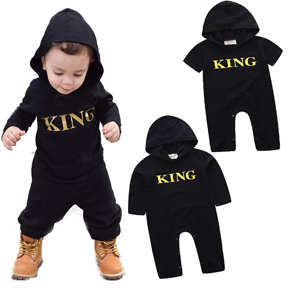 Baby Infant Boys King Letters Hooded Romper Cotton Clothes Outfit Jumpsuit