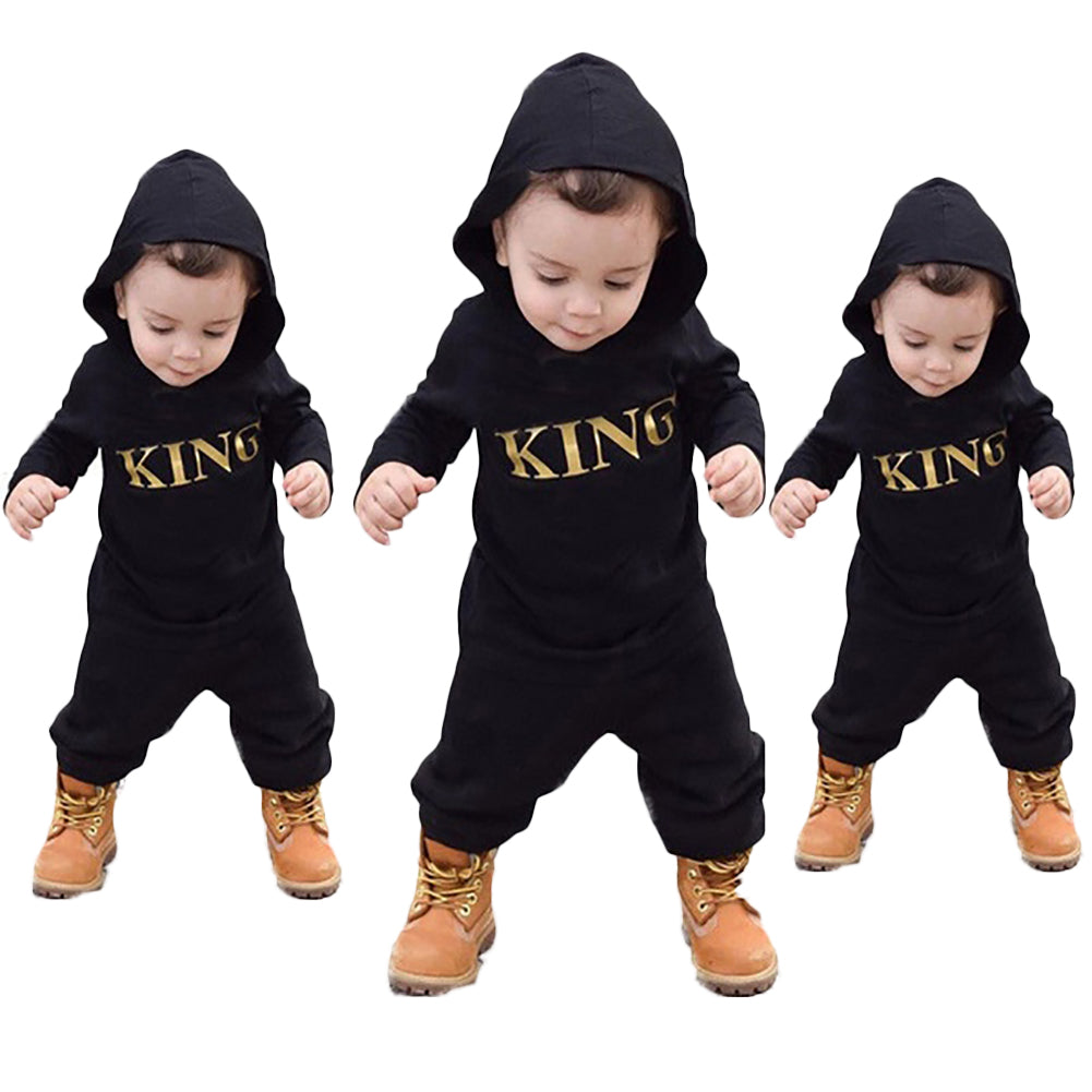 Baby Infant Boys King Letters Hooded Romper Cotton Clothes Outfit Jumpsuit