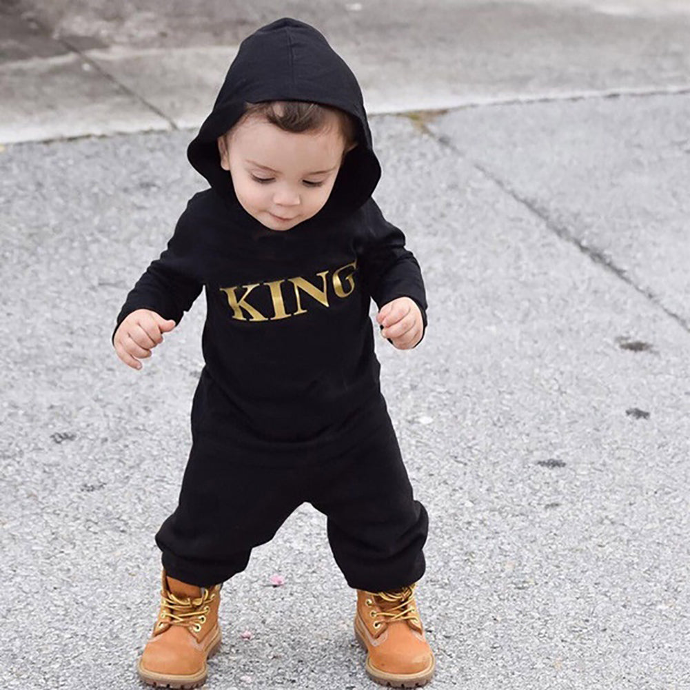 Baby Infant Boys King Letters Hooded Romper Cotton Clothes Outfit Jumpsuit