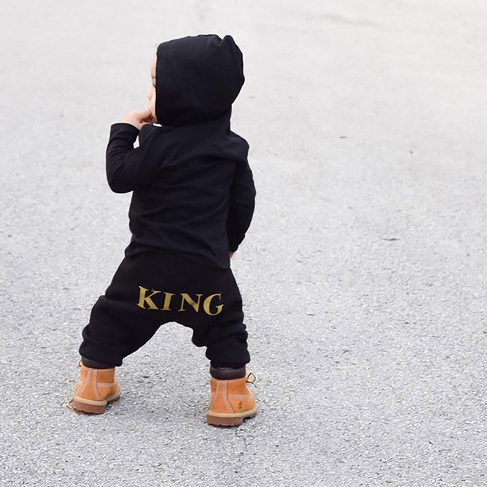 Baby Infant Boys King Letters Hooded Romper Cotton Clothes Outfit Jumpsuit
