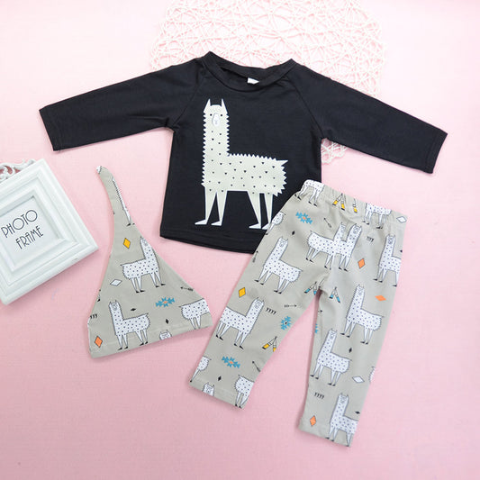 3Pcs Baby Kids Cartoon Alpaca Pattern Long Sleeve Pullover Pants Beanie Outfits