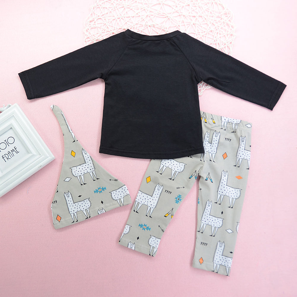 3Pcs Baby Kids Cartoon Alpaca Pattern Long Sleeve Pullover Pants Beanie Outfits