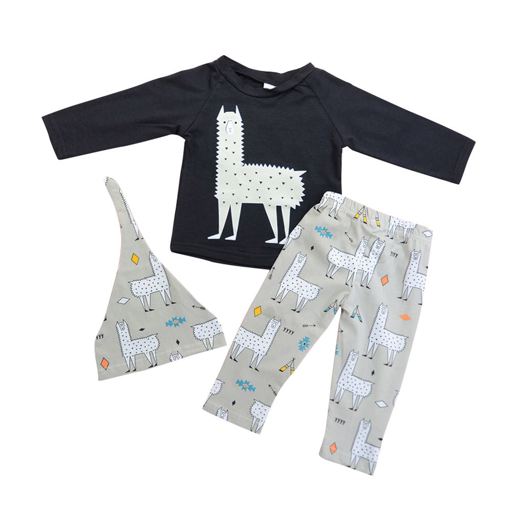 3Pcs Baby Kids Cartoon Alpaca Pattern Long Sleeve Pullover Pants Beanie Outfits