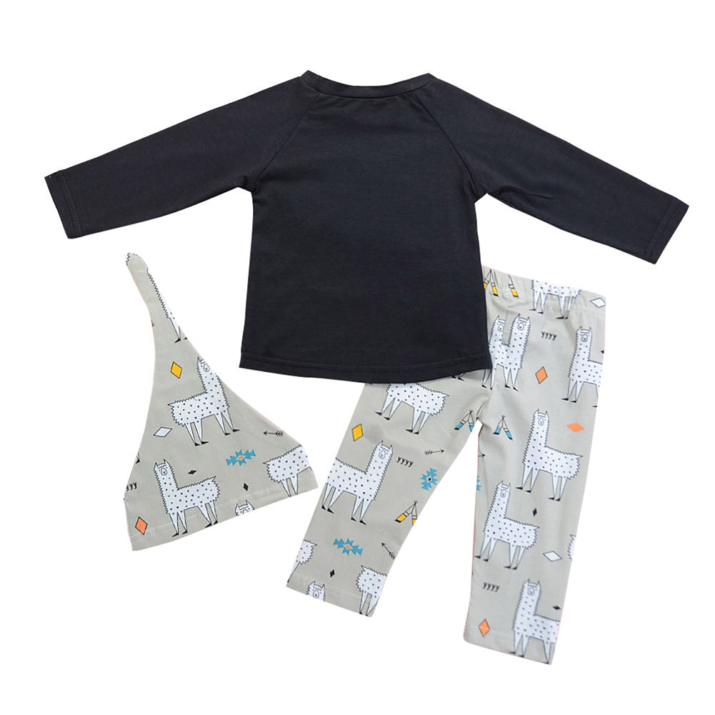 3Pcs Baby Kids Cartoon Alpaca Pattern Long Sleeve Pullover Pants Beanie Outfits