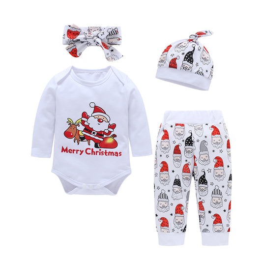 Christmas Santa Infant Baby Long Sleeve Romper Pants Hat Headband Outfit Set