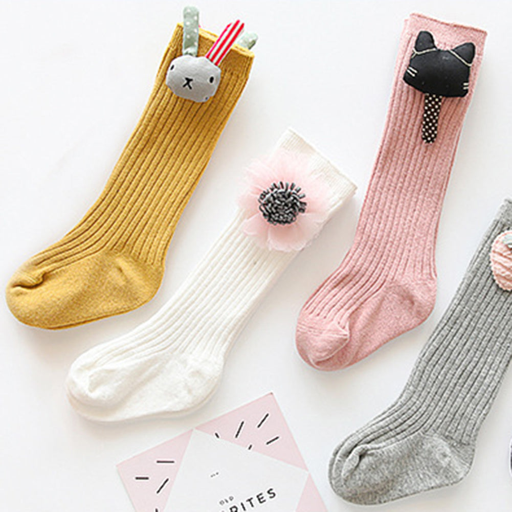 Kids Girls Cute Rabbit Flower Elastic Stockings Below Knee Cotton Long Socks