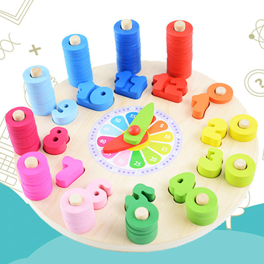 Wooden Colorful Clock Counting Stacking Blocks Jigsaw Puzzle Education Kids Toy