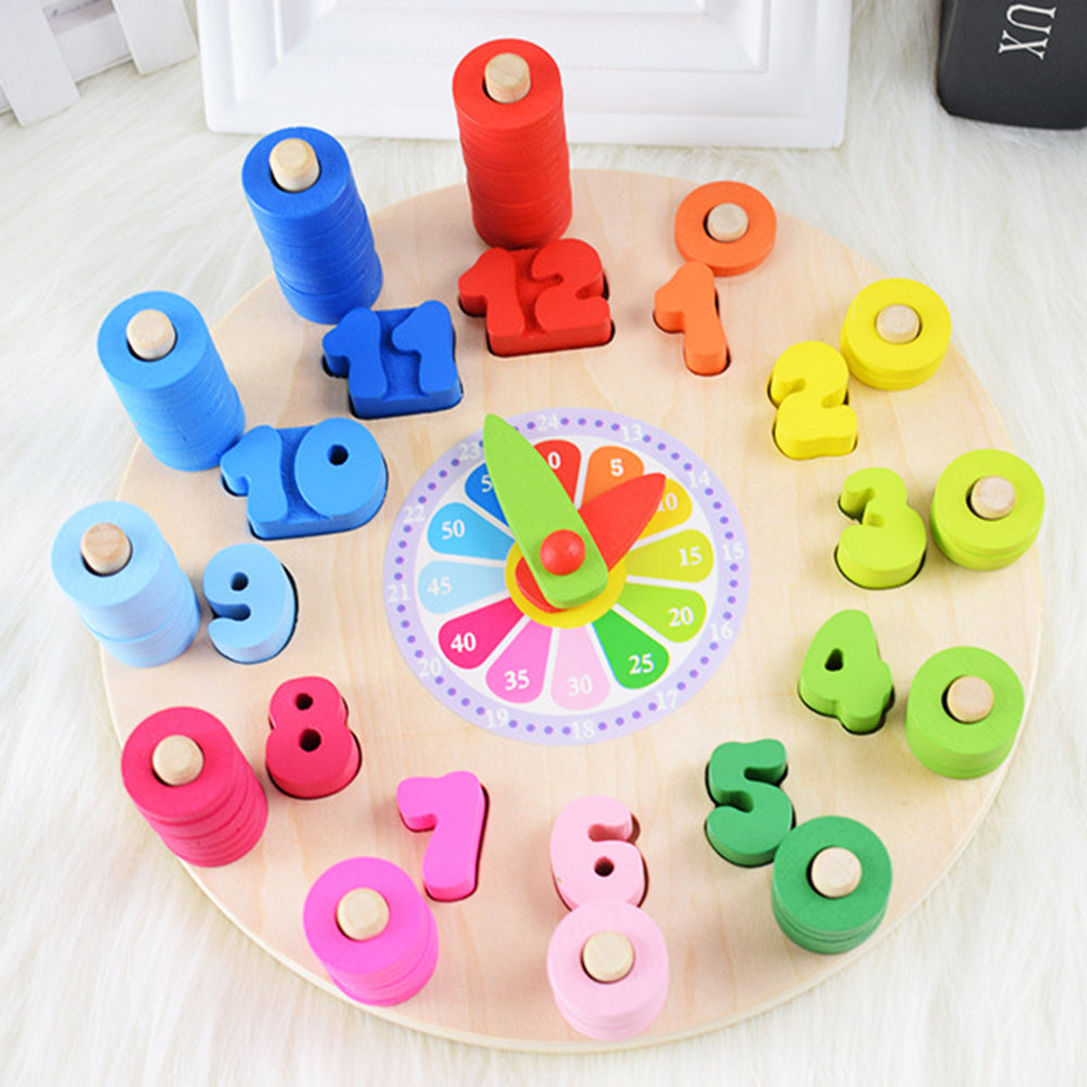 Wooden Colorful Clock Counting Stacking Blocks Jigsaw Puzzle Education Kids Toy