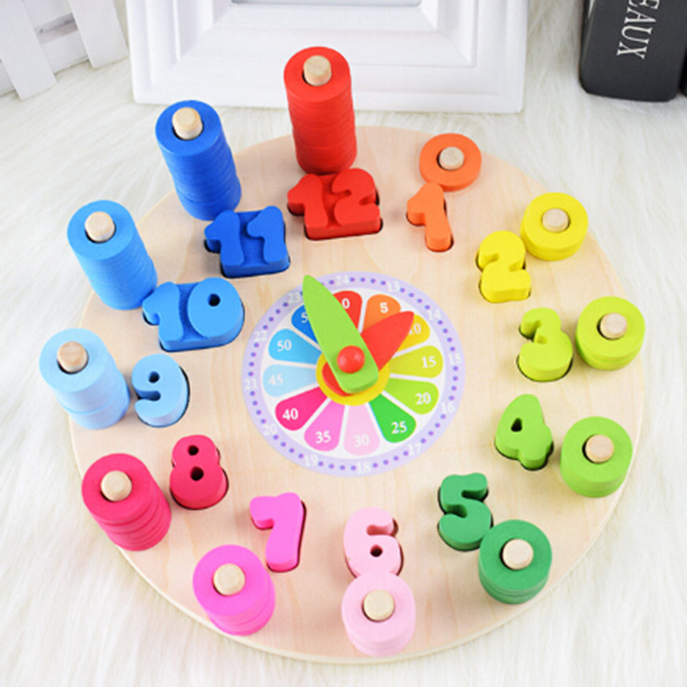 Wooden Colorful Clock Counting Stacking Blocks Jigsaw Puzzle Education Kids Toy