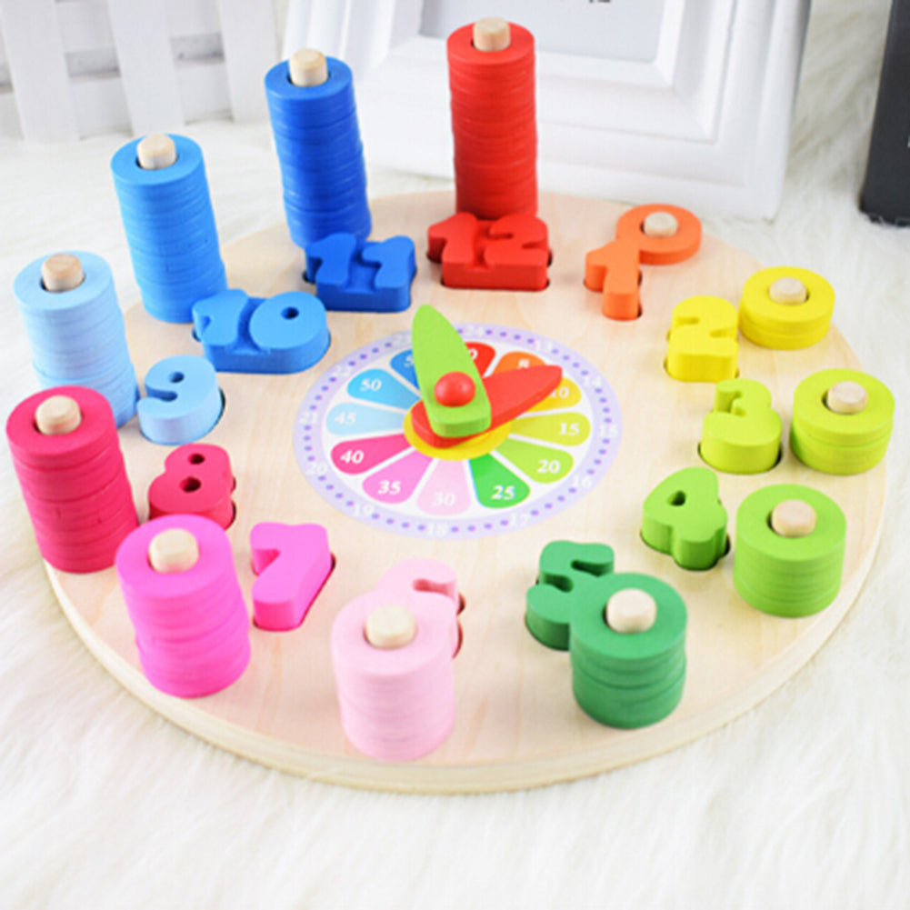 Wooden Colorful Clock Counting Stacking Blocks Jigsaw Puzzle Education Kids Toy