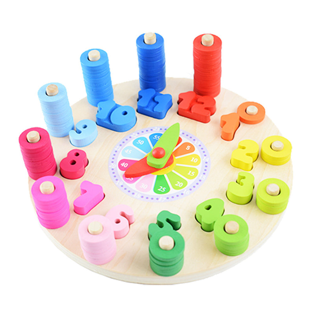 Wooden Colorful Clock Counting Stacking Blocks Jigsaw Puzzle Education Kids Toy