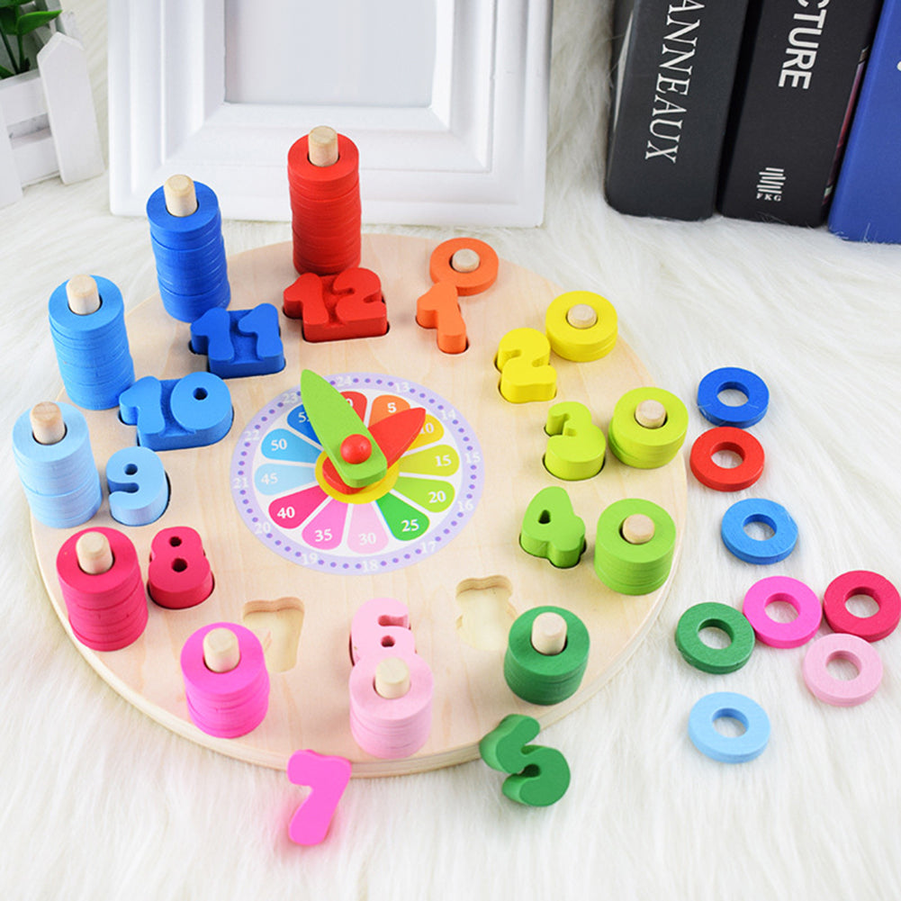 Wooden Colorful Clock Counting Stacking Blocks Jigsaw Puzzle Education Kids Toy