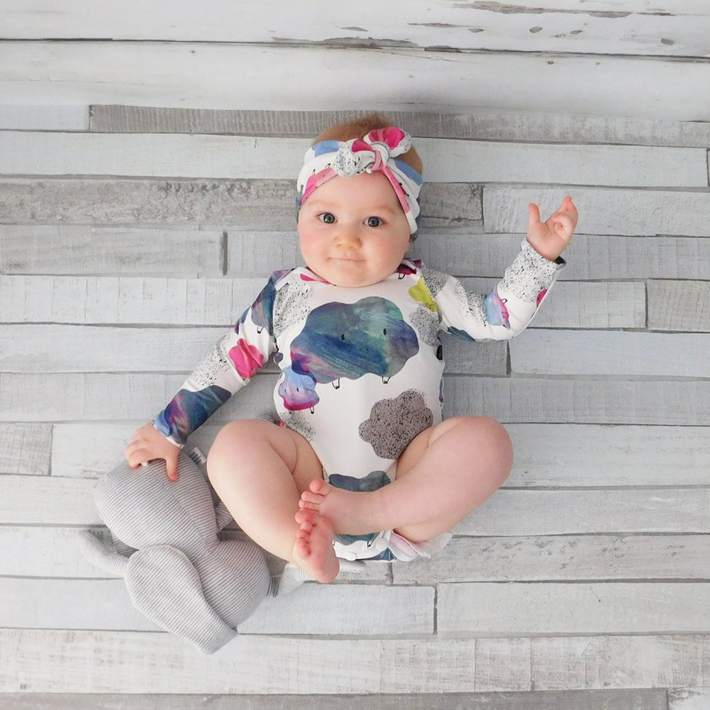 Cartoon Cloud Printed Cotton Long Sleeve Baby Girl Romper Headband Clothes Set