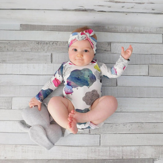 Cartoon Cloud Printed Cotton Long Sleeve Baby Girl Romper Headband Clothes Set
