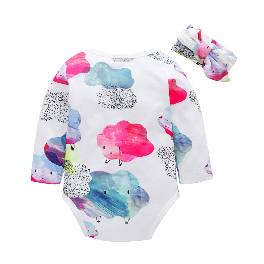 Cartoon Cloud Printed Cotton Long Sleeve Baby Girl Romper Headband Clothes Set