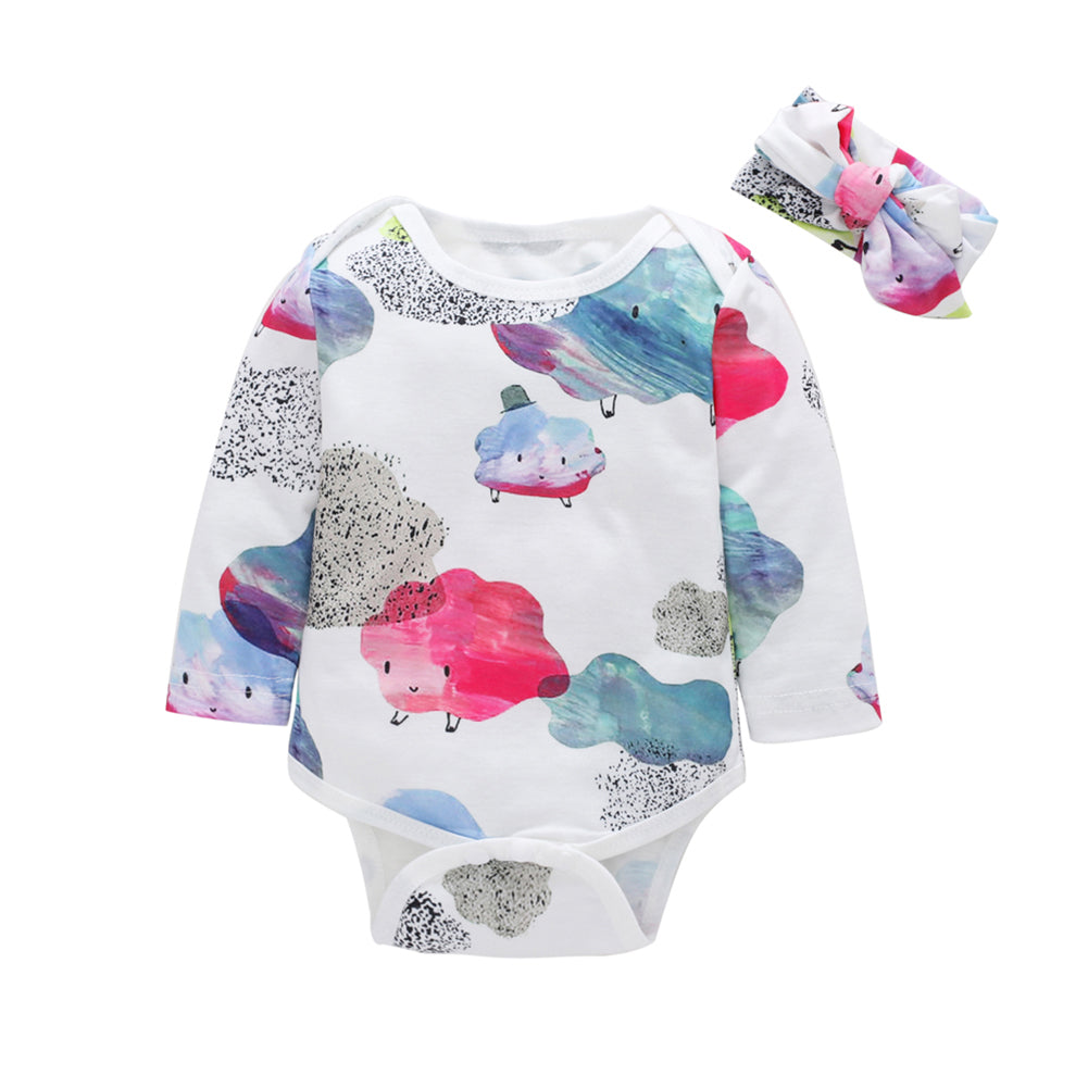 Cartoon Cloud Printed Cotton Long Sleeve Baby Girl Romper Headband Clothes Set