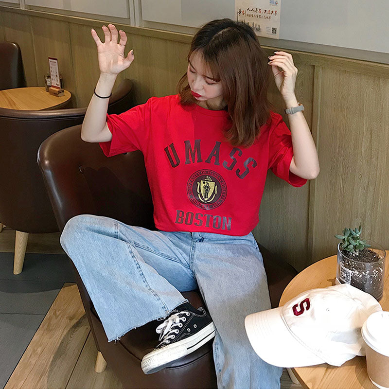 Cotton printed letter Slim short-sleeved T-shirt blouse