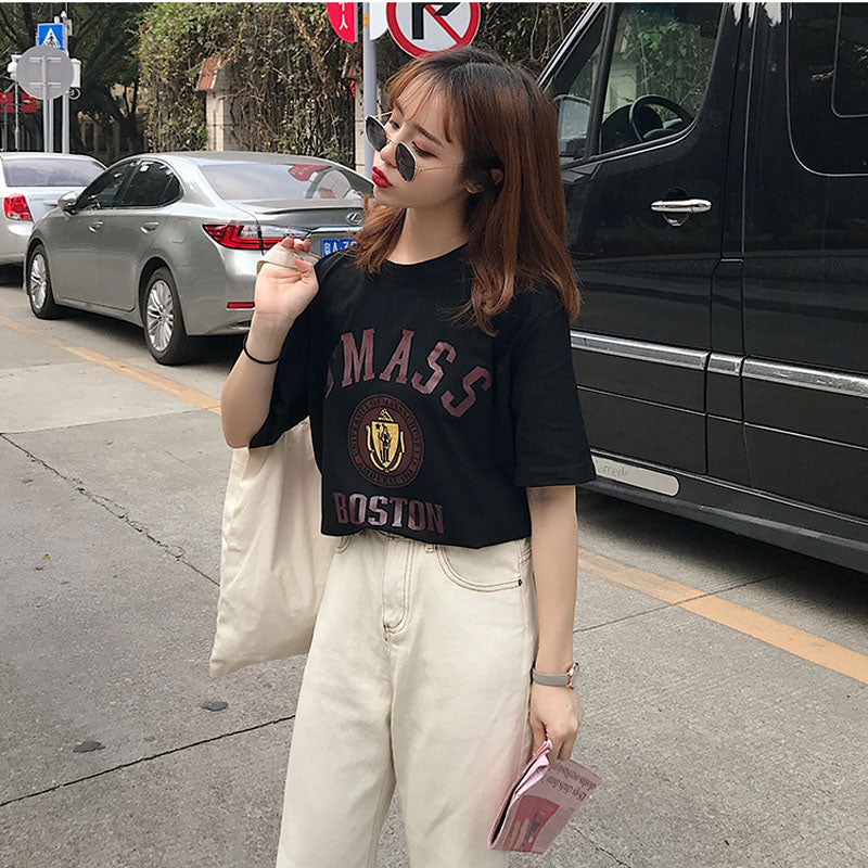 Cotton printed letter Slim short-sleeved T-shirt blouse