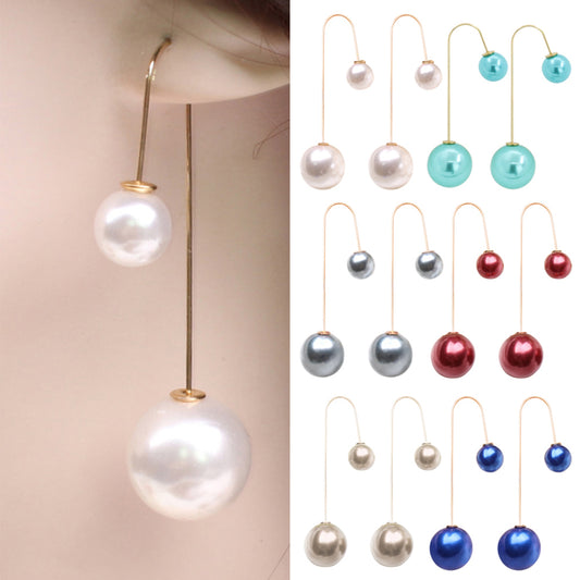 Women U-Shaped Double Sided Faux Pearl Ball Drop Dangle Earrings Party Jewelry