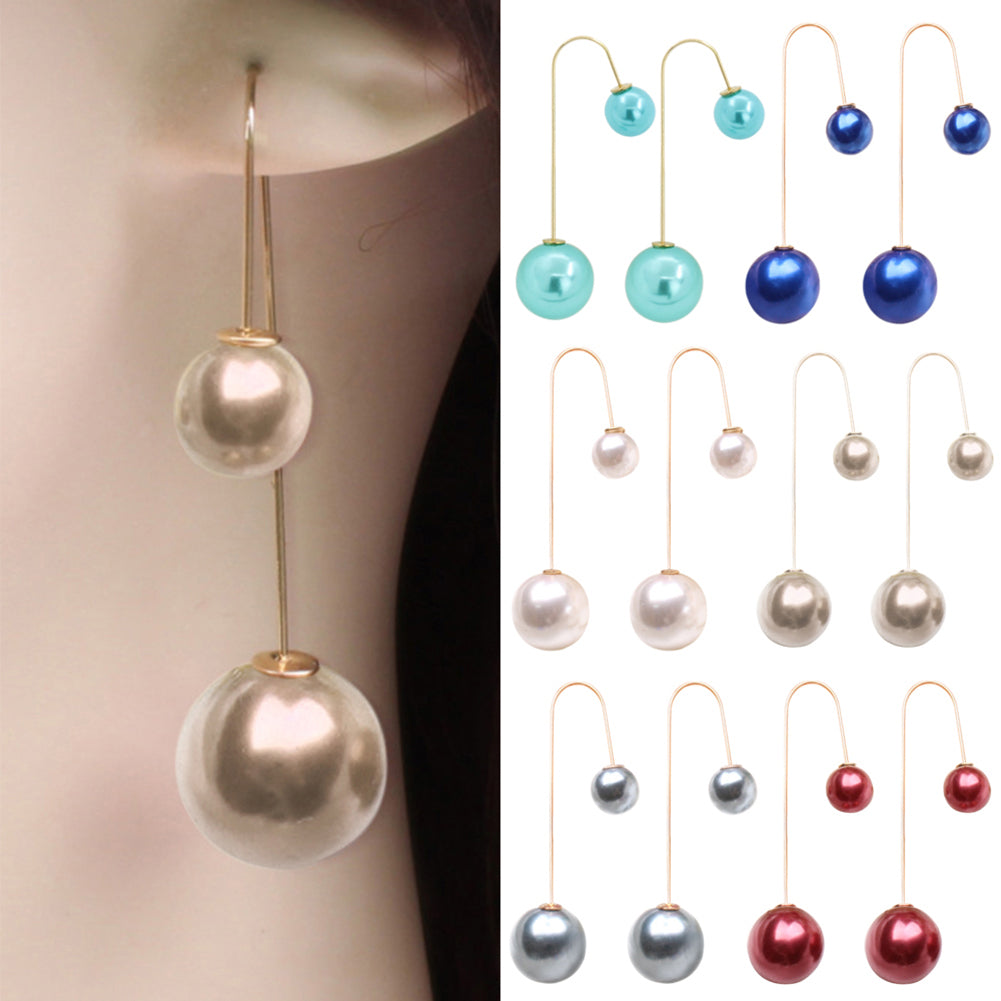 Women U-Shaped Double Sided Faux Pearl Ball Drop Dangle Earrings Party Jewelry