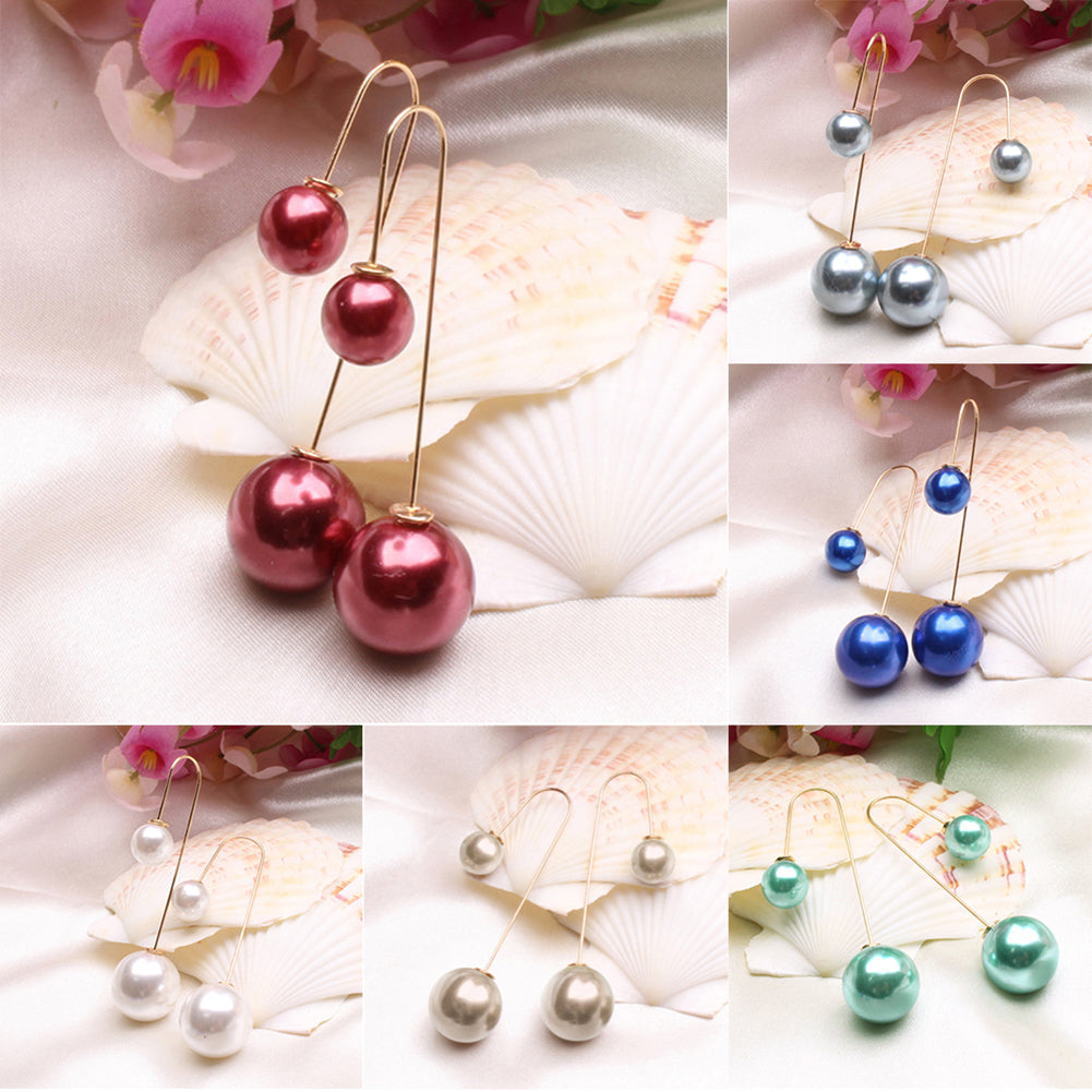 Women U-Shaped Double Sided Faux Pearl Ball Drop Dangle Earrings Party Jewelry