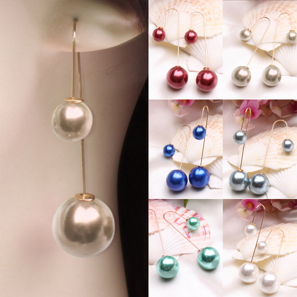 Women U-Shaped Double Sided Faux Pearl Ball Drop Dangle Earrings Party Jewelry