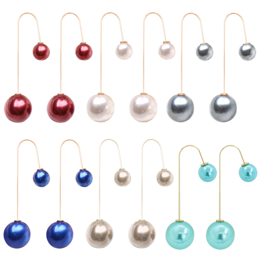 Women U-Shaped Double Sided Faux Pearl Ball Drop Dangle Earrings Party Jewelry