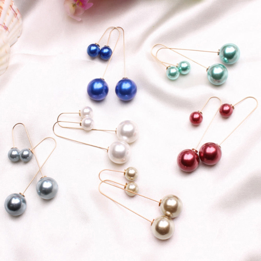 Women U-Shaped Double Sided Faux Pearl Ball Drop Dangle Earrings Party Jewelry