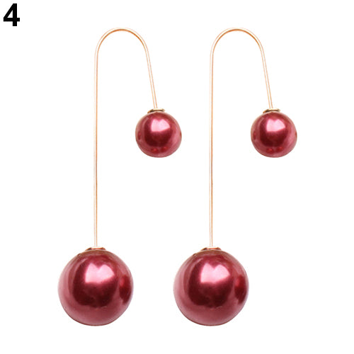 Women U-Shaped Double Sided Faux Pearl Ball Drop Dangle Earrings Party Jewelry