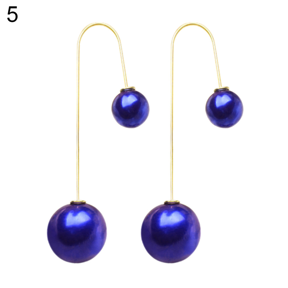 Women U-Shaped Double Sided Faux Pearl Ball Drop Dangle Earrings Party Jewelry