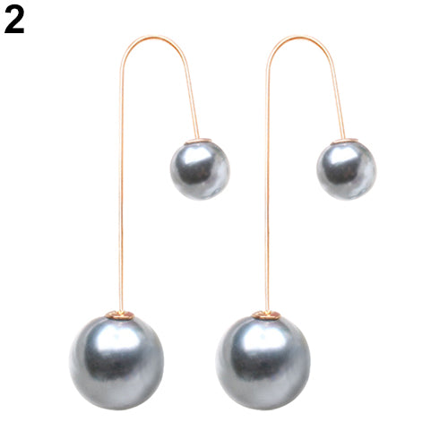 Women U-Shaped Double Sided Faux Pearl Ball Drop Dangle Earrings Party Jewelry