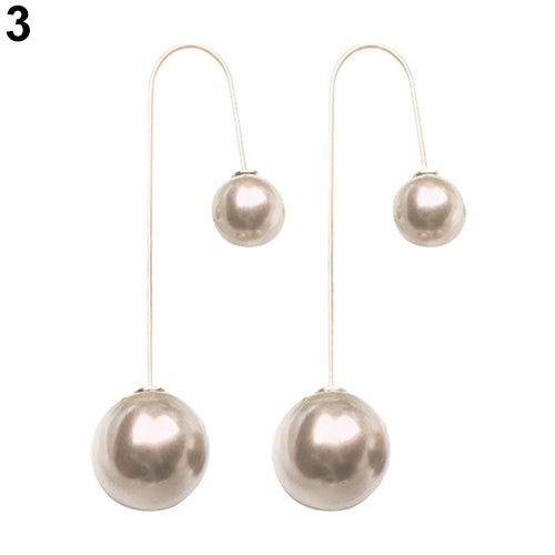 Women U-Shaped Double Sided Faux Pearl Ball Drop Dangle Earrings Party Jewelry