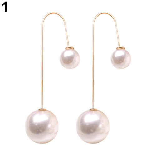 Women U-Shaped Double Sided Faux Pearl Ball Drop Dangle Earrings Party Jewelry