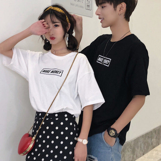 Couples men and women new short-sleeved real shot Hong Kong short-sleeved T-shirt men and women funny print five-point sleeves