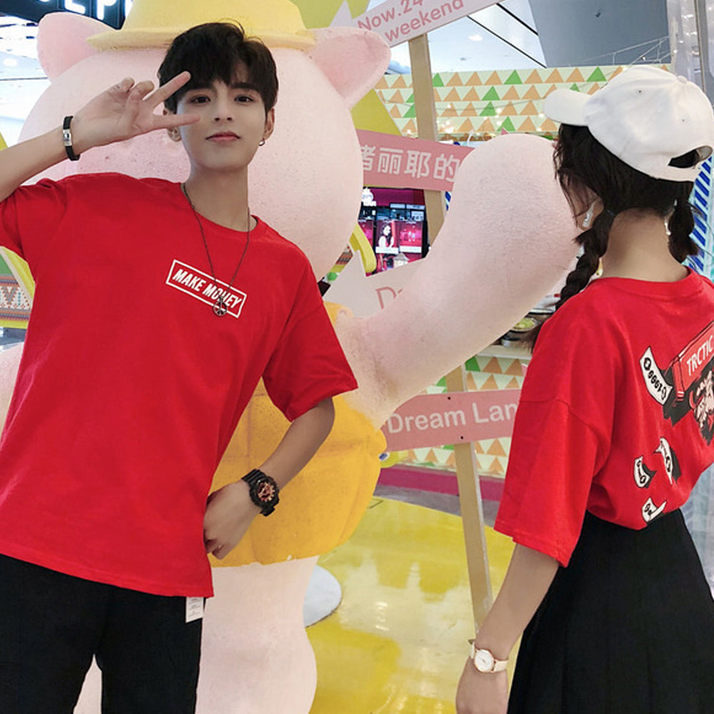 Couples men and women new short-sleeved real shot Hong Kong short-sleeved T-shirt men and women funny print five-point sleeves