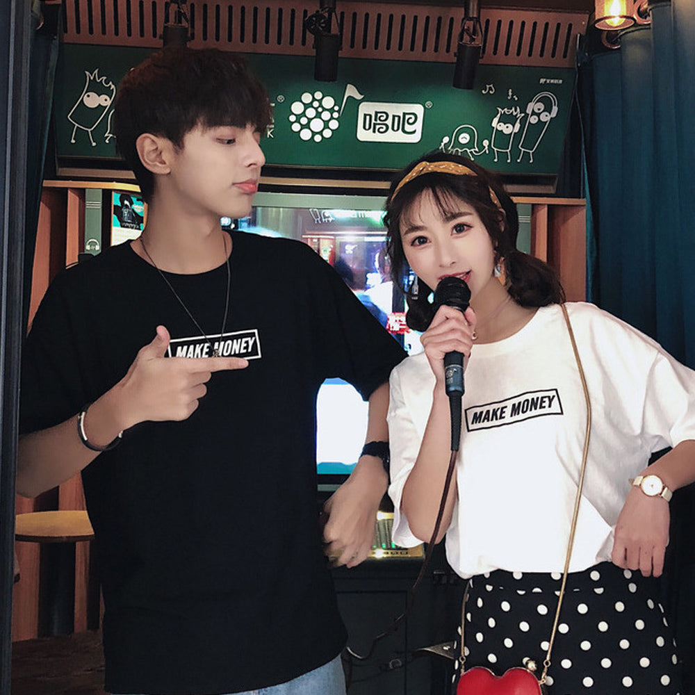 Couples men and women new short-sleeved real shot Hong Kong short-sleeved T-shirt men and women funny print five-point sleeves