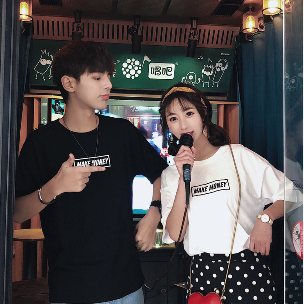 Couples men and women new short-sleeved real shot Hong Kong short-sleeved T-shirt men and women funny print five-point sleeves