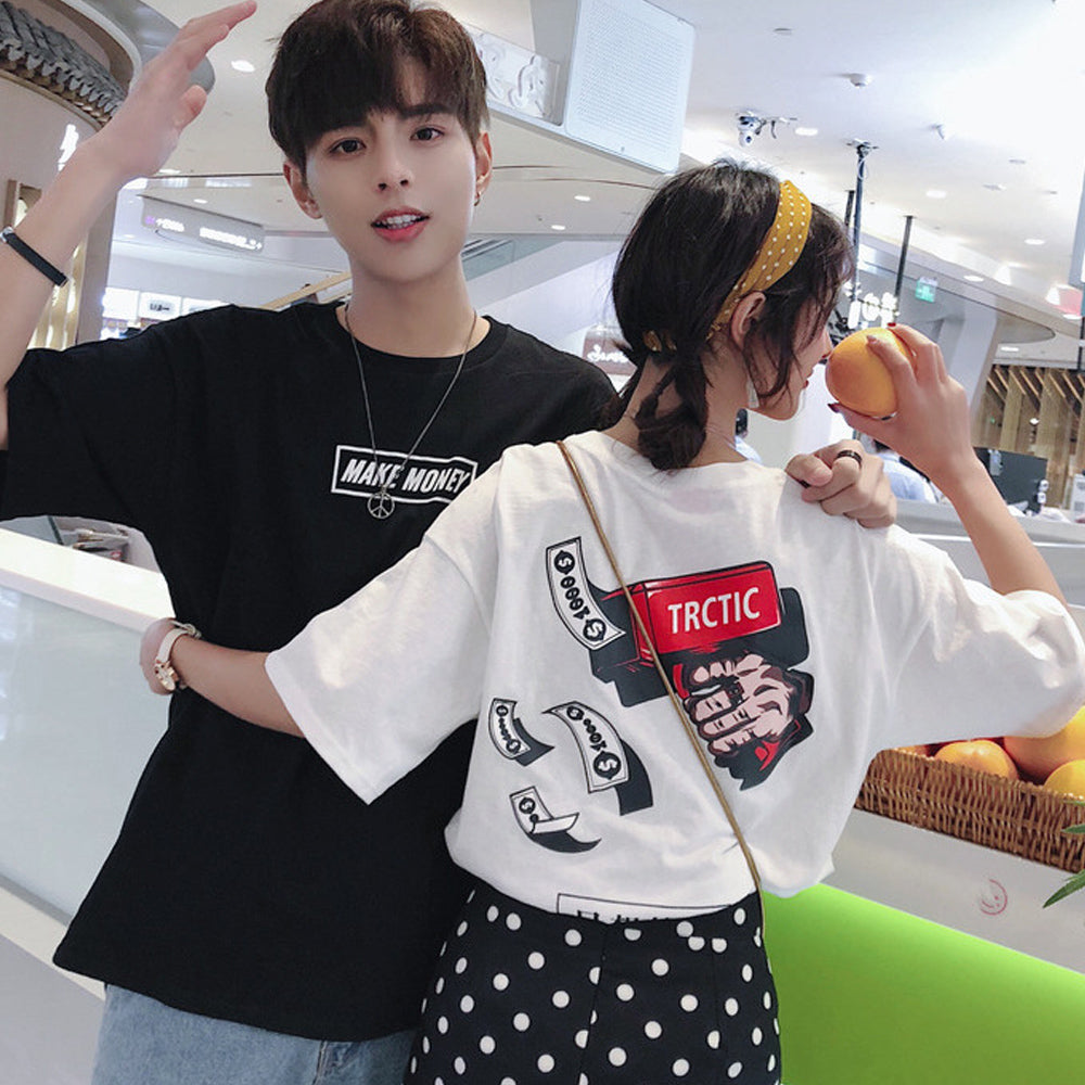 Couples men and women new short-sleeved real shot Hong Kong short-sleeved T-shirt men and women funny print five-point sleeves
