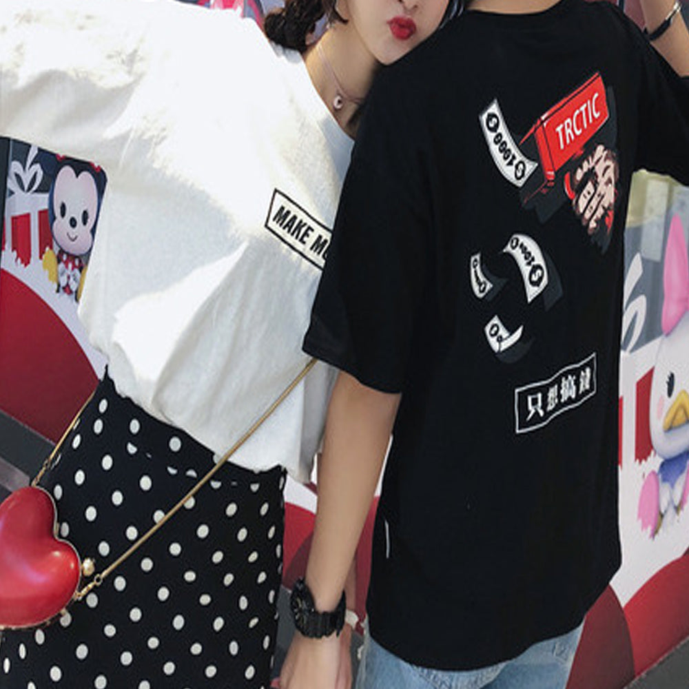 Couples men and women new short-sleeved real shot Hong Kong short-sleeved T-shirt men and women funny print five-point sleeves