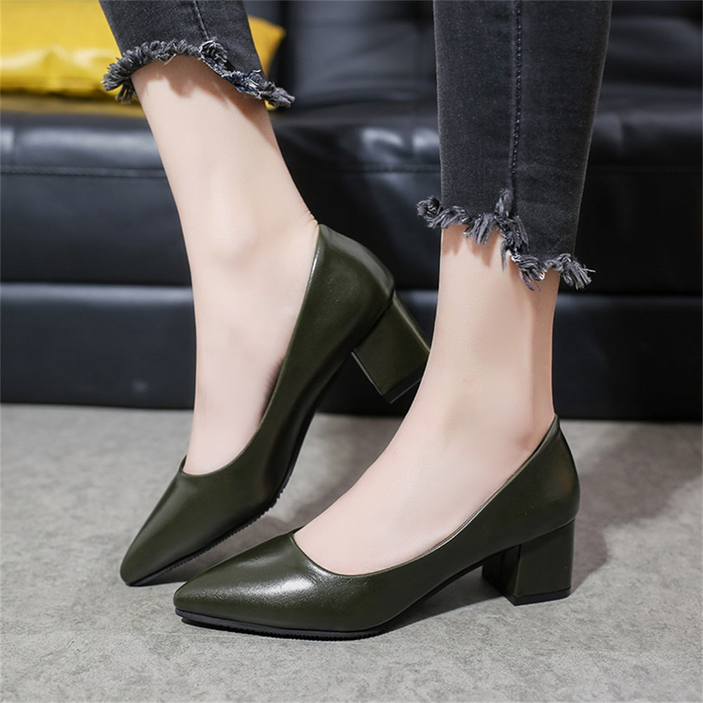 Fashion pointed thick medium heel single shoes
