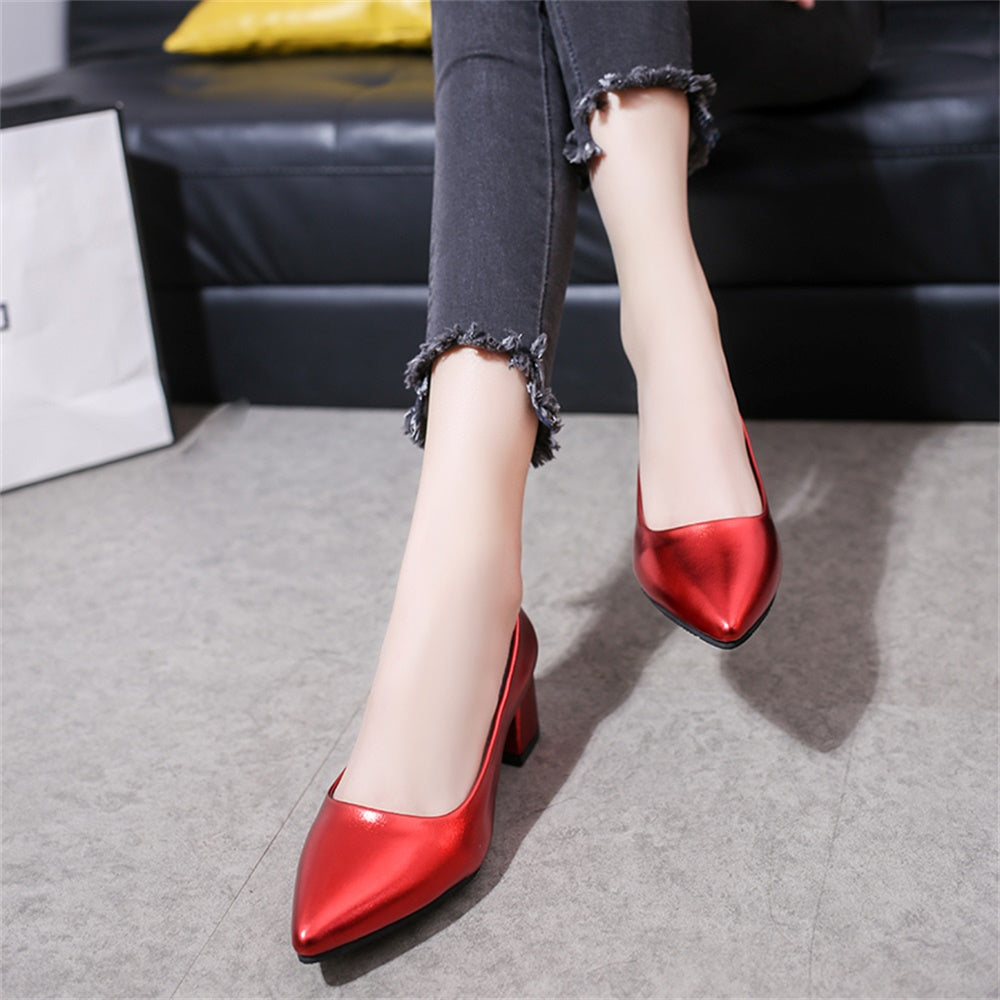 Fashion pointed thick medium heel single shoes