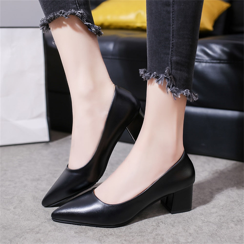 Fashion pointed thick medium heel single shoes