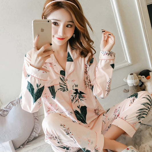 Cardigan long sleeve double sided collar leaf print pajamas set